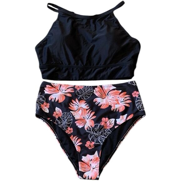Black and Floral High Waisted Bikini Set - Picture 1 of 8